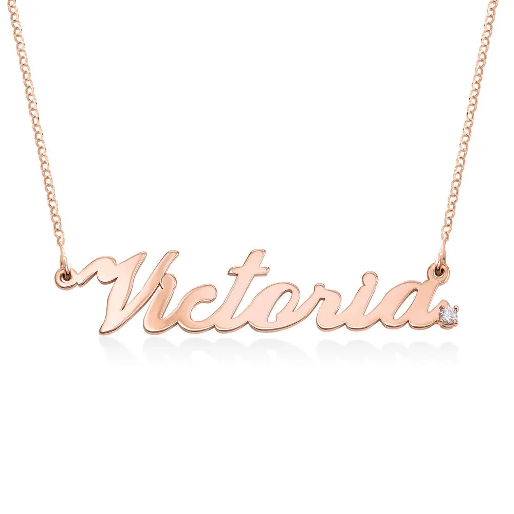 Test - Classic Cocktail Name Necklace with Diamond in 18K Rose Gold Plating